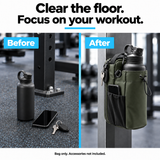 Army Green magnetic bottle bag before and after: essentials cleared from the gym floor. Bag only; accessories not included.