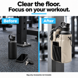 Off-white magnetic bottle bag before and after: essentials cleared from the gym floor. Bag only; accessories not included.