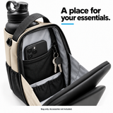 Off-white magnetic bottle bag open to show phone and key storage. Bag only; accessories not included.