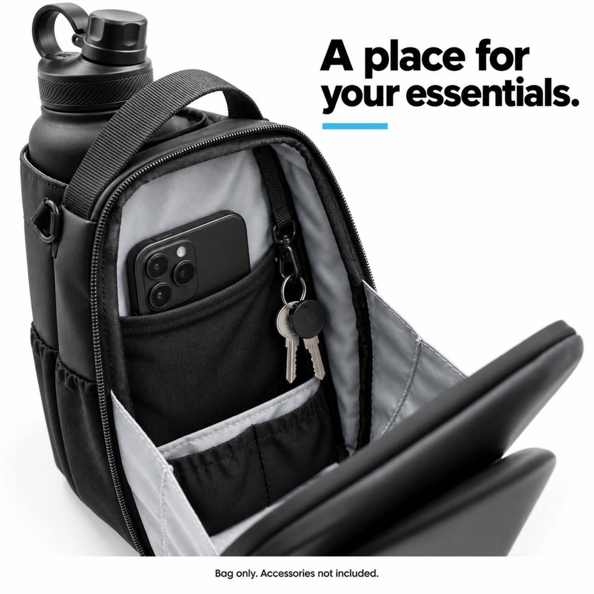 A place for your essentials. Open zipped compartment with interior pockets. Bag only; accessories not included.