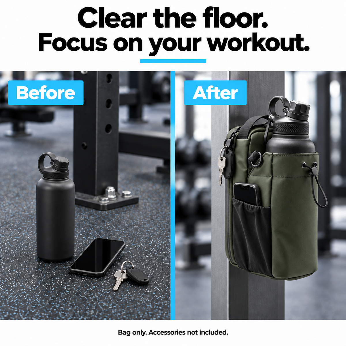 Army Green magnetic bottle bag before and after: essentials cleared from the gym floor. Bag only; accessories not included.