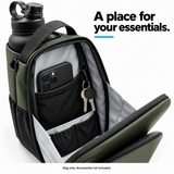 Army Green magnetic bottle bag open to show phone and key storage. Bag only; accessories not included.
