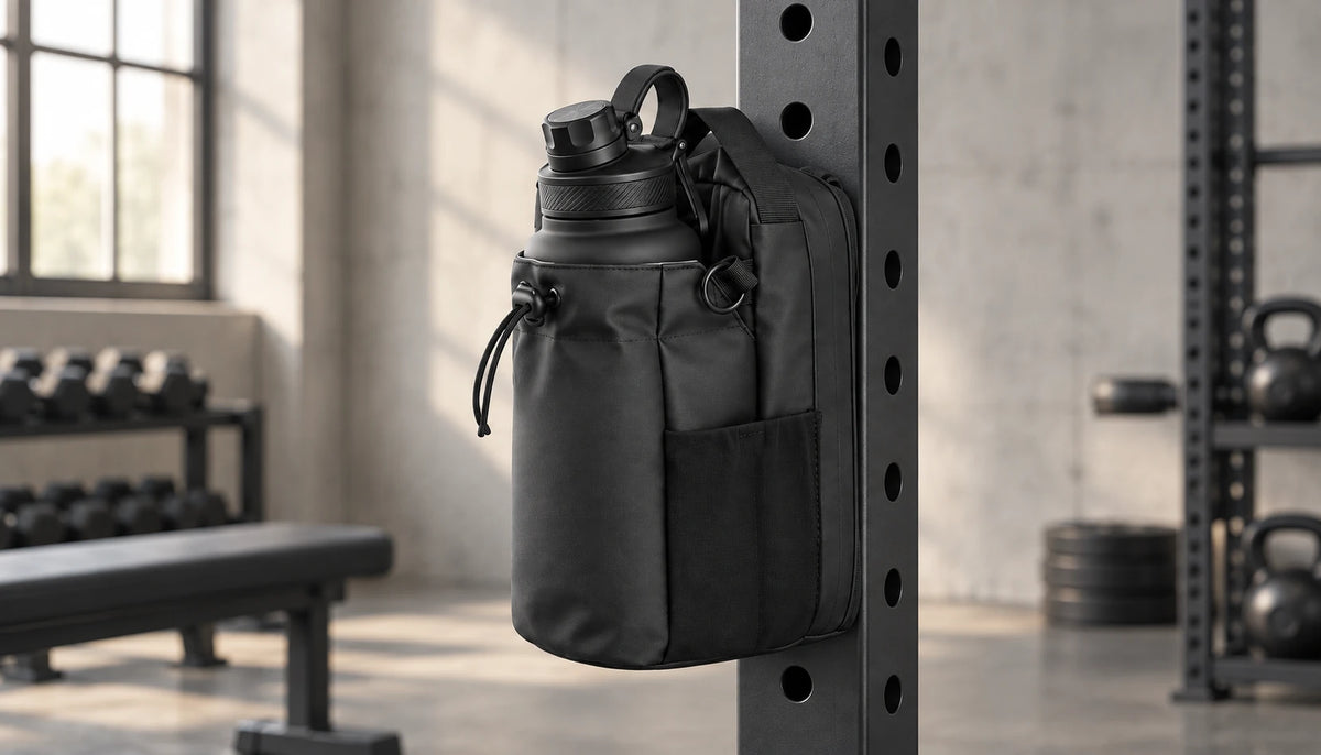 Black magnetic bag attached to a gym rack