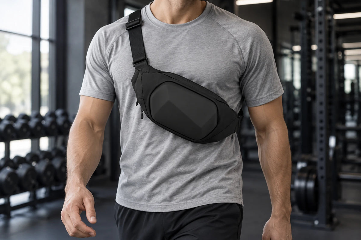 The Original Shoulder Bag in Cool Black worn across the chest at a gym