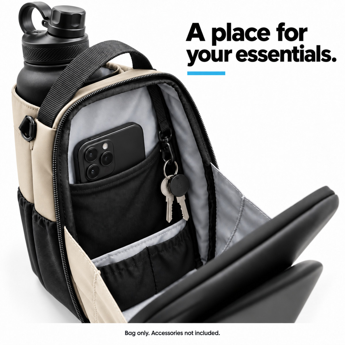 Off-white magnetic bottle bag open to show phone and key storage. Bag only; accessories not included.