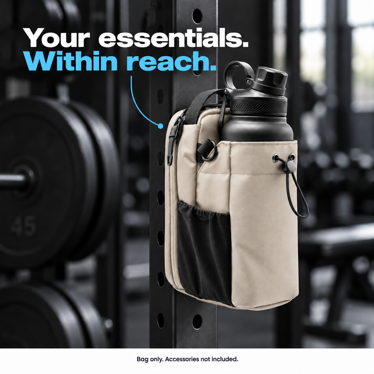 Off-white magnetic bottle bag attached to gym equipment with essentials within reach. Bag only; accessories not included.