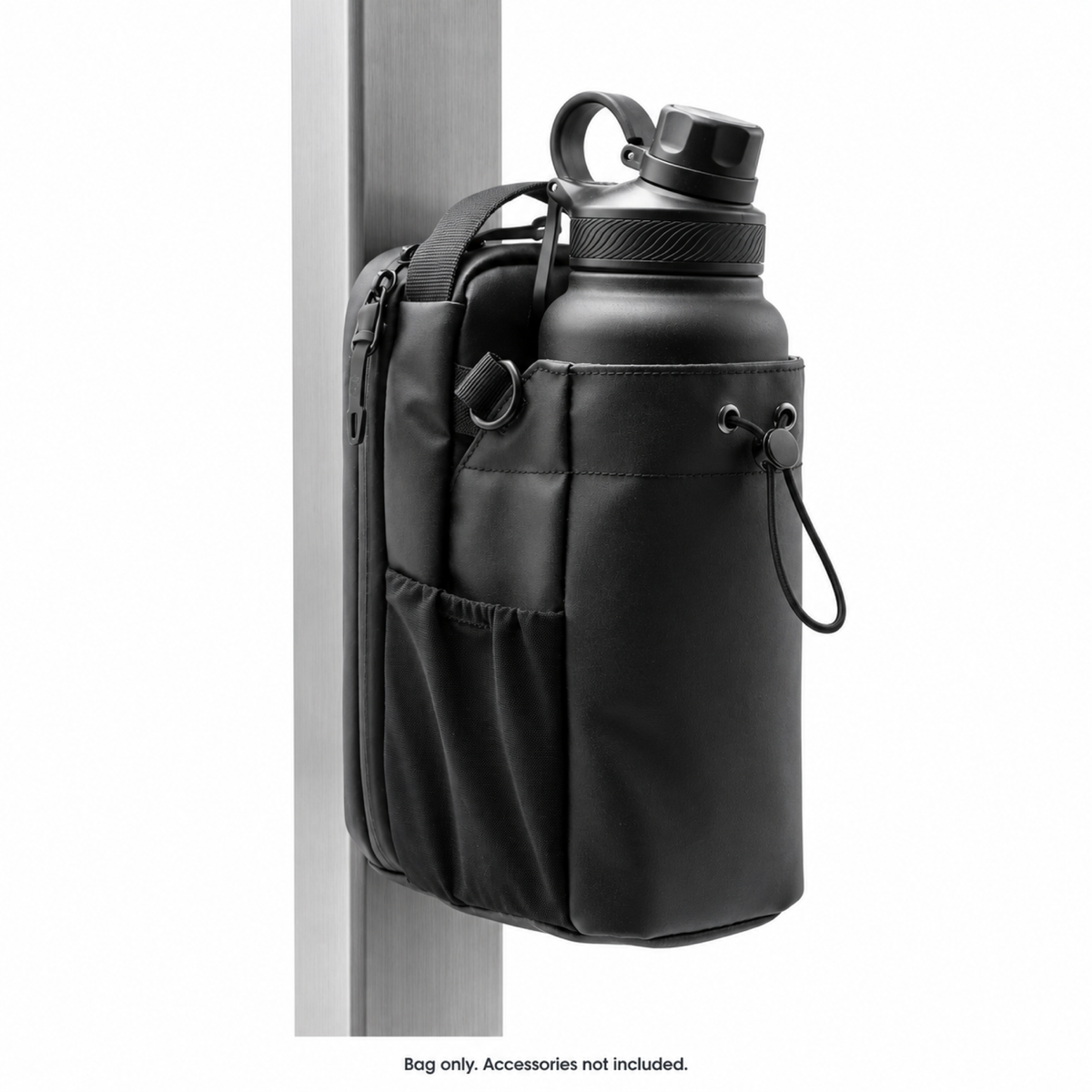 Black magnetic bottle bag attached to a steel post. Bag only; accessories not included.
