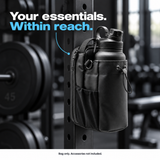 Your essentials. Within reach. Black bag attached upright to gym equipment. Bag only; accessories not included.