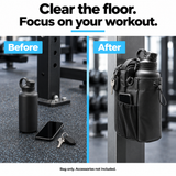 Clear the floor. Focus on your workout. The same bottle, phone, and keys shown on the floor, then organized with the attached bag. Bag only; accessories not included.